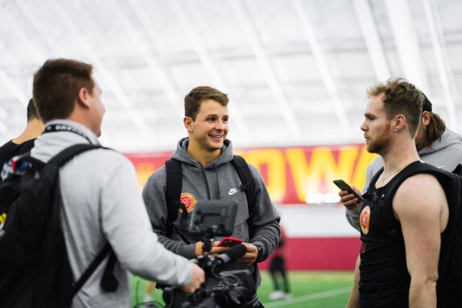 Brock Purdy and Rory Walling exchange words at the Cyclones Pro Day on March 23, 2022.