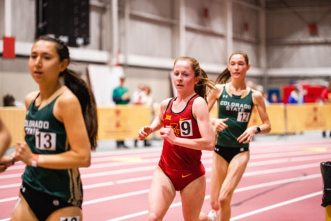 Junior Dana Feyen competes at the ISU Classic at Lied Athletic Center in Ames, Iowa on Feb. 11. Feyen finished sixth in the second heat of the womens 5000m, running a personal best time of 16:06.26.