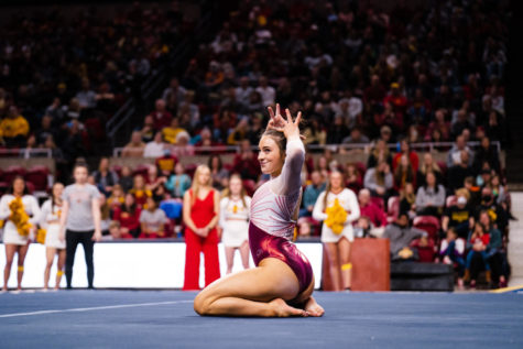 Iowa State junior Maddie Diab competes in the floor exercise in the Cyclones gymnastics meet against the University of Iowa on March 4. Diab scored a 9.875 in her routine.