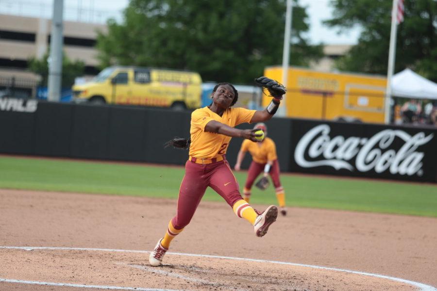 Saya Swain winds up to throw a pitch against the University of Northern Iowa in Game 2 of the NCAA Columbia Regional on May 22. (Photo courtesy of Iowa State Athletic Communications)
