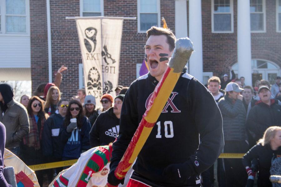 A member of the Greek Week pairing Diner, Drive-Ins and Greeks celebrated a win in the larping event at Greek Week in 2018. 