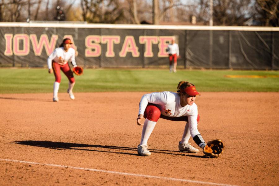 Sarah Tyree gets ready to field the ball against Texas Tech April 14 at the Cyclone Sports Complex.