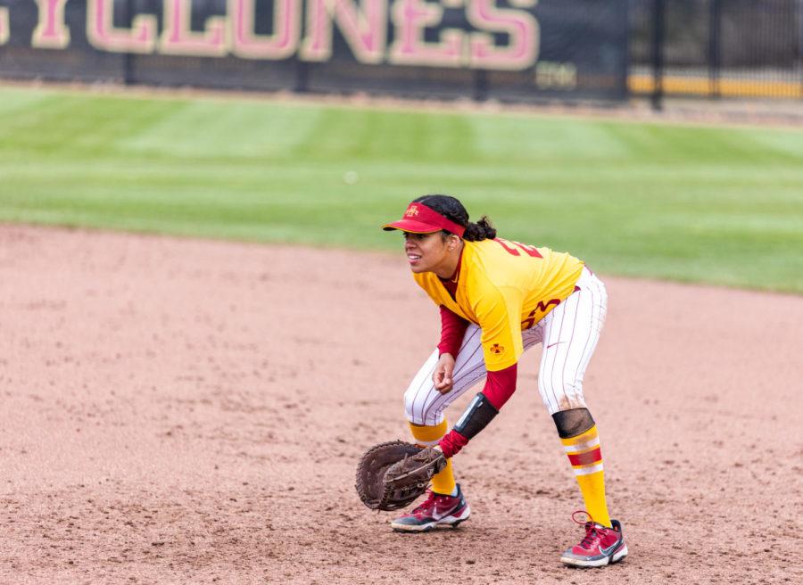 Iowa State freshman Angelina Allen gets ready for a potential ground ball during the Cyclones 12–4 loss to Northern Iowa on April 6 at the Cyclone Sports Complex.