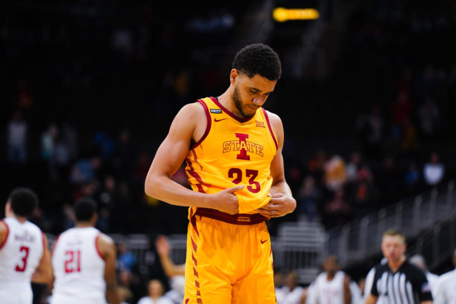 Tristan Enaruna looks down at the floor after the Cyclones 72-41 loss to Texas Tech on March 10 at the 2022 Big 12 Mens Basketball Championship.