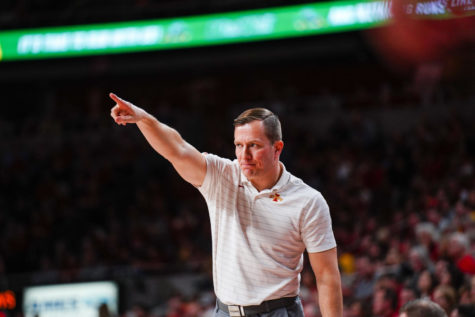 T.J. Otzelberger calls out directions to the Cyclones during their 53-36 loss to Oklahoma State on March 2.