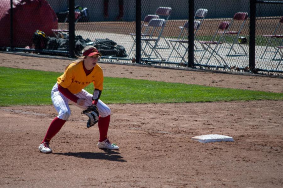Iowa State infielder Carli Spelhaug gets prepared for the next play at first base against Oklahoma on March 28, 2021 at the Cyclone Sports Complex.