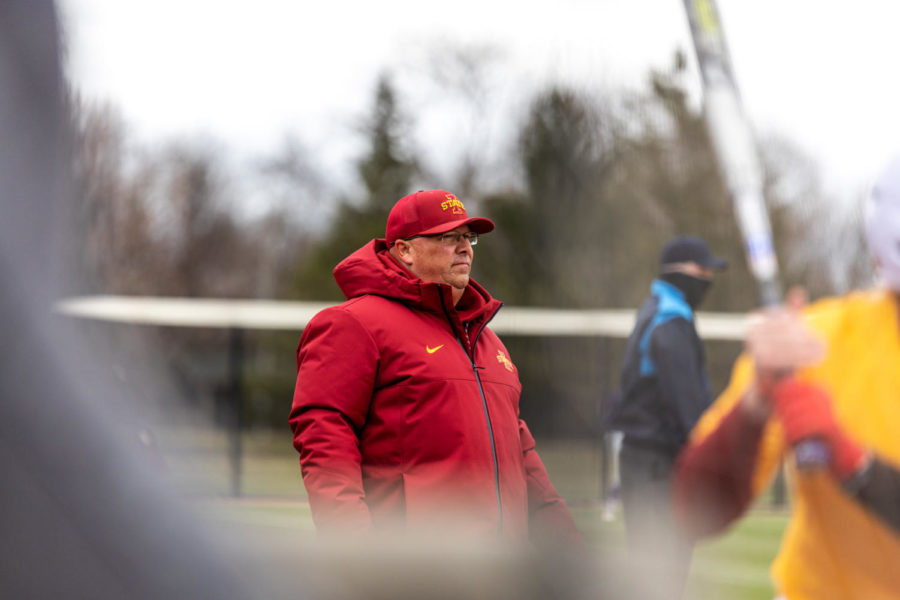 Iowa State head softball coach Jamie Pinkerton watches the Cyclones during their 12–4 loss to Northern Iowa on April 6.