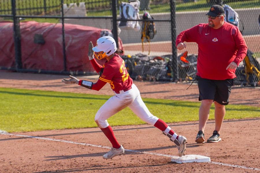 Iowa+State+freshman+Angelina+Allen+rounds+first+base+after+hitting+a+home+run+against+Iowa+on+April+26+2022+at+the+Cyclone+Sports+Complex.