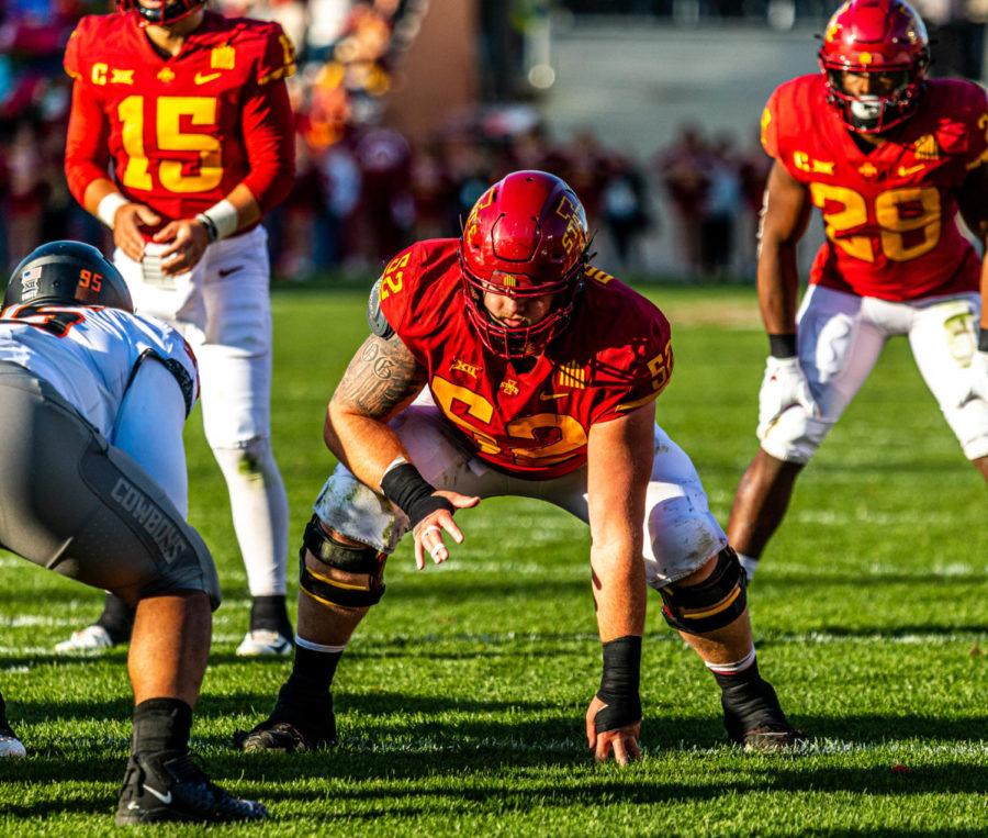 Iowa State left guard Trevor Downing lines up against No. 8 Oklahoma State on Oct. 23, 2021.
