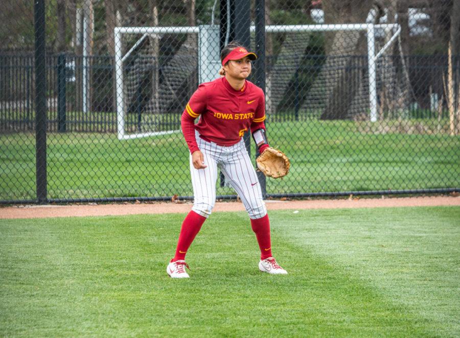 Sophomore left fielder Alesia Ranches surveys the field on April 10 at the Cyclone Sports Complex.
