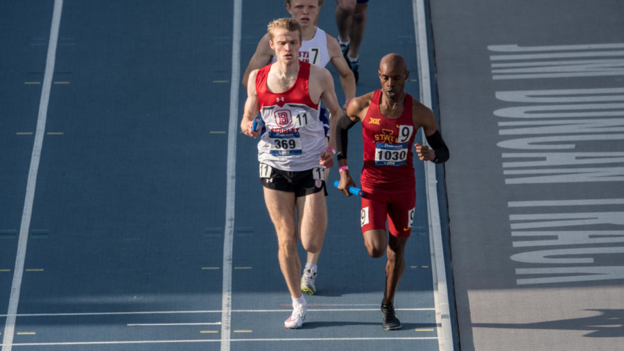 Nehemia Too competes in the 4x800 relay event at the Drake Relays on April 23, 2021. (Photo courtesy of Luke Lu/Iowa State Athletics Communications)