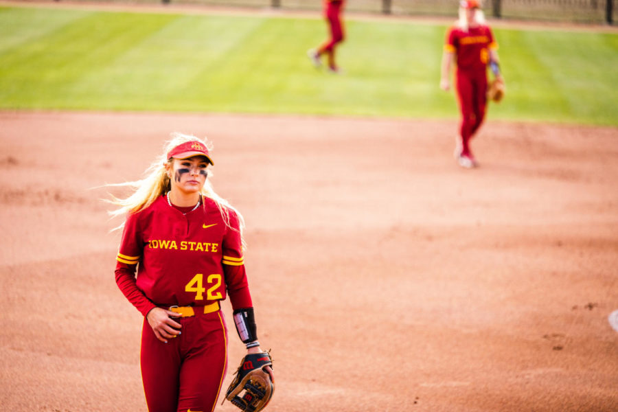 Kaylee Pond looks toward the Iowa State dugout during the Cyclones 11-1 loss to Oklahoma State April 10 at the Cyclone Sports Complex.