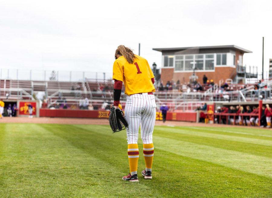 Iowa State junior Carli Spelhaug gets ready for the next pitch in the outfield during the Cyclones 12–4 loss to Northern Iowa on April 6.