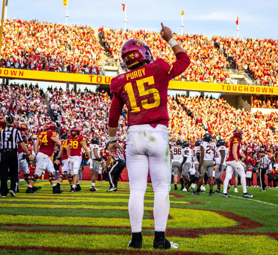 Iowa State quarterback Brock Purdy celebrates in the end-zone after Iowa State scores a touchdown against No. 8 Oklahoma State on Oct. 23, 2021.