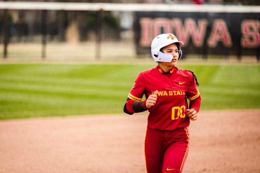 Iowa State sophomore Milaysia Ochoa runs the bases during the Cyclones 11-1 loss to Oklahoma State April 10 at the Cyclone Sports Complex.
