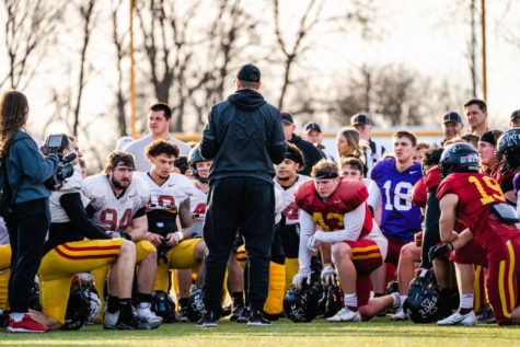 Matt Campbell speaks to his team after a Spring football practice at Ames High School. 