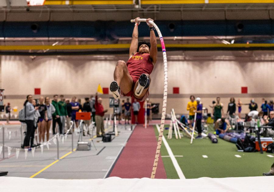 Thai Thompson competes in the pole vault at the Iowa State Classic on Feb. 11 at Lied Recreation Center.