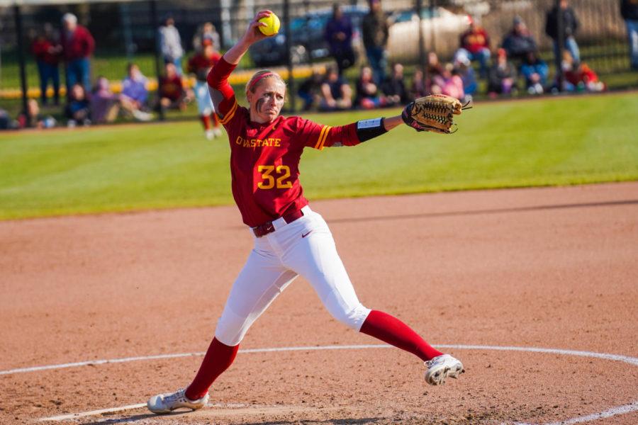Ellie Spelhaug pitches against the Iowa Hawkeyes in the Iowa Corn CyHawk Series on April 26 at the Cyclone Sports Complex.