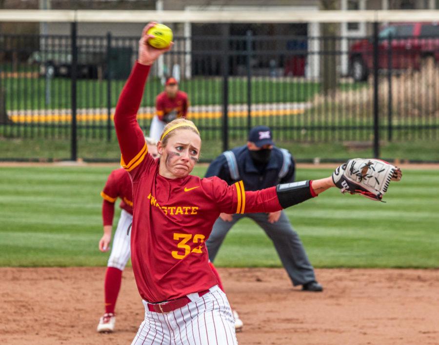 Sophomore pitcher Ellie Spelhaug pitches the ball in Iowa States game against Texas on April 10 at the Cyclone Sports Complex.
