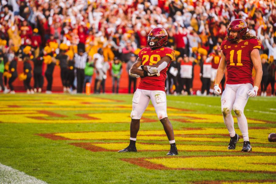 Iowa State running back Breece Hall scores a touchdown against No. 8 Oklahoma State on Oct. 23.