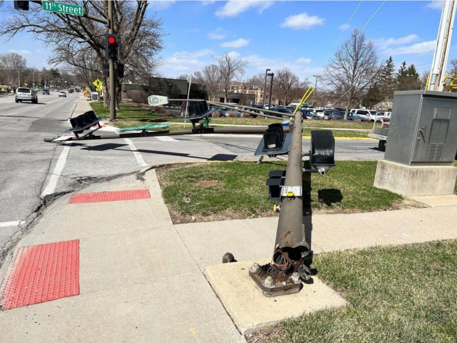 The Ames Public Works crews are working to remove the fallen signal, and plan to erect a temporary one by Friday evening.