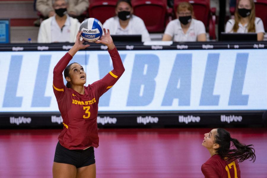 Jaden Newsome sets the ball up for a teammate in the Cyclones match against No.1 Texas on Oct. 22. (Photo courtesy of Wesley Winterink/Iowa State Athletics)