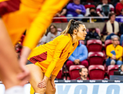 Iowa State middle blocker Alexis Englebrecht stands ready against No.1 Texas on Oct. 21.