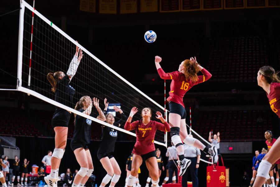 Abby Greiman goes up for a kill during Iowa State volleyball's Spring Tournament on April 2, 2022.