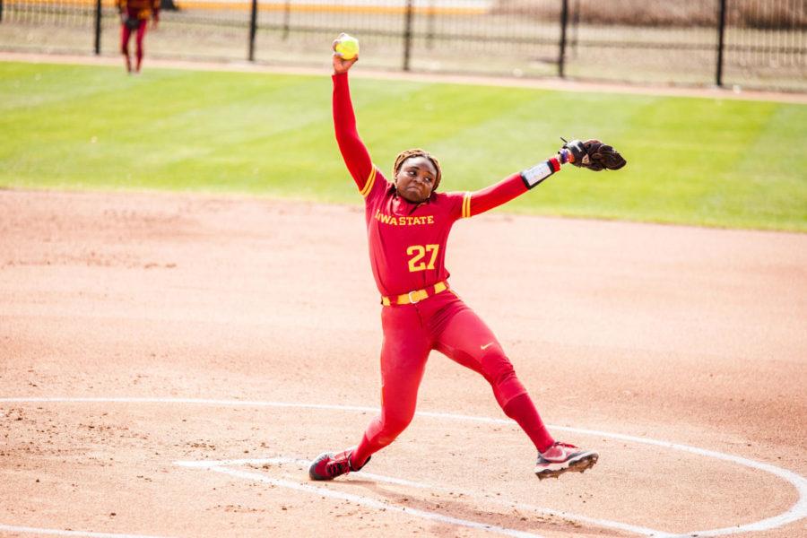 Iowa State pitcher Saya Swain throws a pitch against Oklahoma State on April 10 in the Cyclones 11–1 loss.