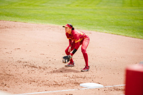Angelina Allen plays first base during the Cyclones 11–1 loss to Oklahoma State on April 10 at the Cyclone Sports Complex.