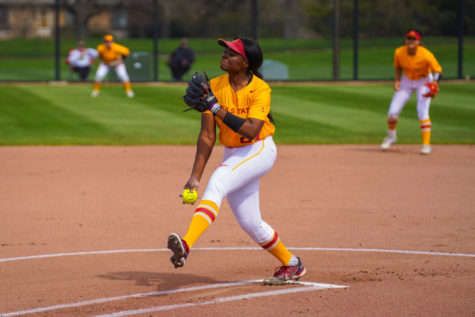 Iowa State pitcher Saya Swain throws a pitch against Kansas May 6, 2022 at the Cyclone Sports Complex.