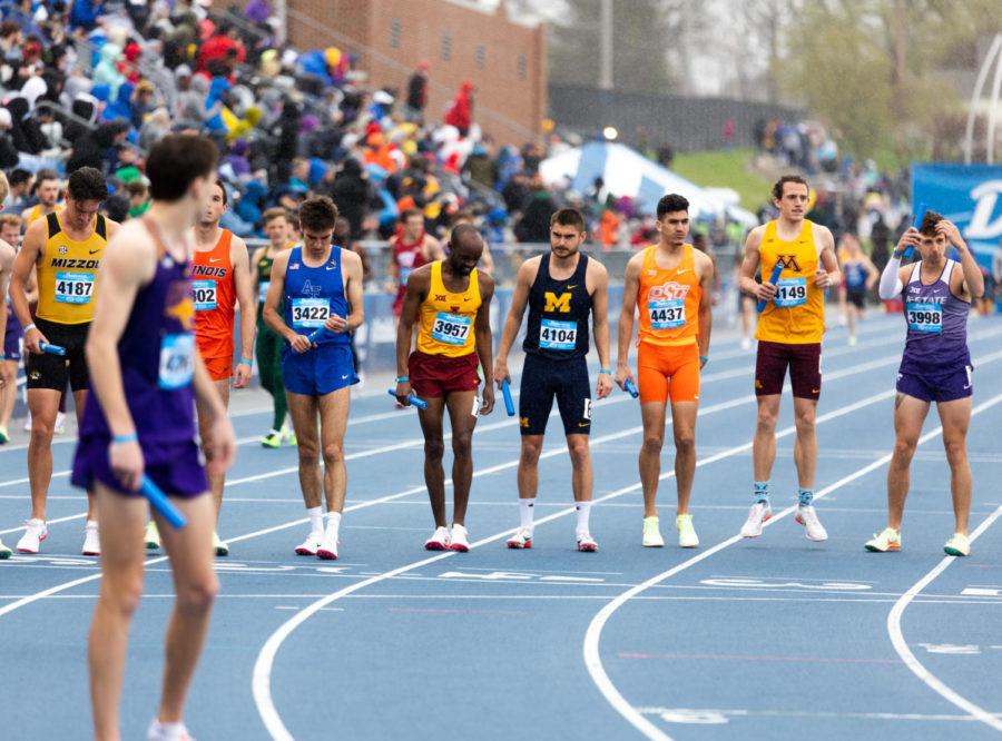 Senior+distance+runner+Nehemia+Too+%28center%29+stands+on+the+start+line+before+a+relay+race+at+the+2022+Drake+Relays+in+Des+Moines%2C+Iowa.+Too+helped+Iowa+State+to+a+first-place+finish+in+the+mens+4x1600m+relay+and+eighth+in+the+distance+medley+relay.
