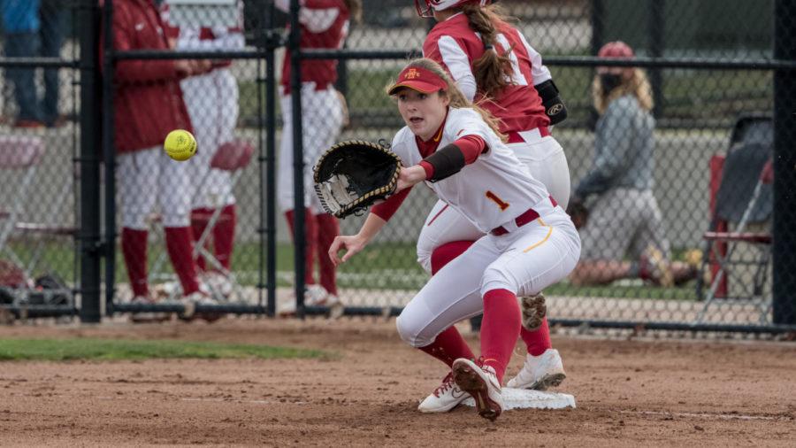 Iowa State sophomore Carli Spelhaug covers the bag in the Cyclones game against No.1 Oklahoma on March 26 at the Cyclone Sports Complex. (Photo courtesy of Luke Lu/Iowa State Athletics Communications)