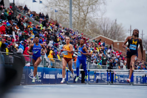 Iowa State junior Katarina Vlahovic competes in the womens 100m hurdles at the Drake Relays in Des Moines, Iowa, on April 30. Vlahovic finished fourth in the final, clocking in at 13.56 seconds.