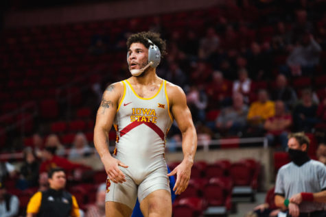 Iowa State sophomore Yonger Bastida wins by technical fall in his match against California State Bakersfields Josh Loomer in the Cyclones 44-0 win over the Roadrunners on Jan. 12.