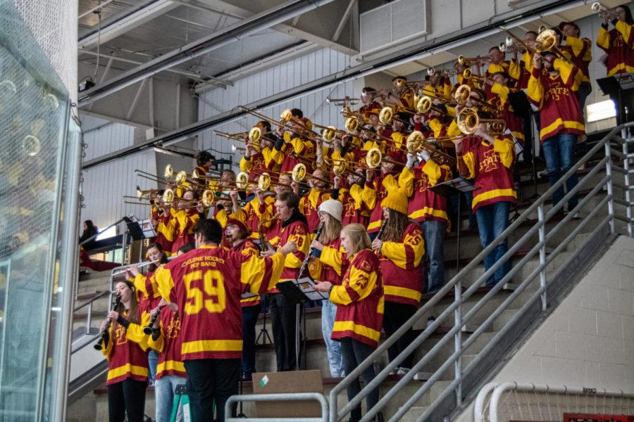 Before the game against Roosevelt University on Dec. 4, 2021, the Iowa State University Mens Hockey Pep Band plays popular tunes, as well as the Iowa State fight song.