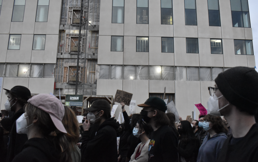 Hundreds of people marched to the new federal courthouse under construction — at the intersection of Locust Street and Second Avenue — to fight for reproductive rights and safe access to abortions.
