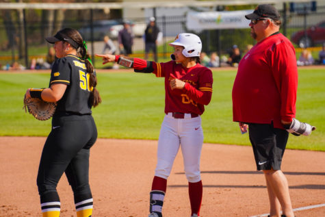 Right fielder Milaysia Ochoa points toward the Iowa State dugout durning a 5-4 win over Iowa. 