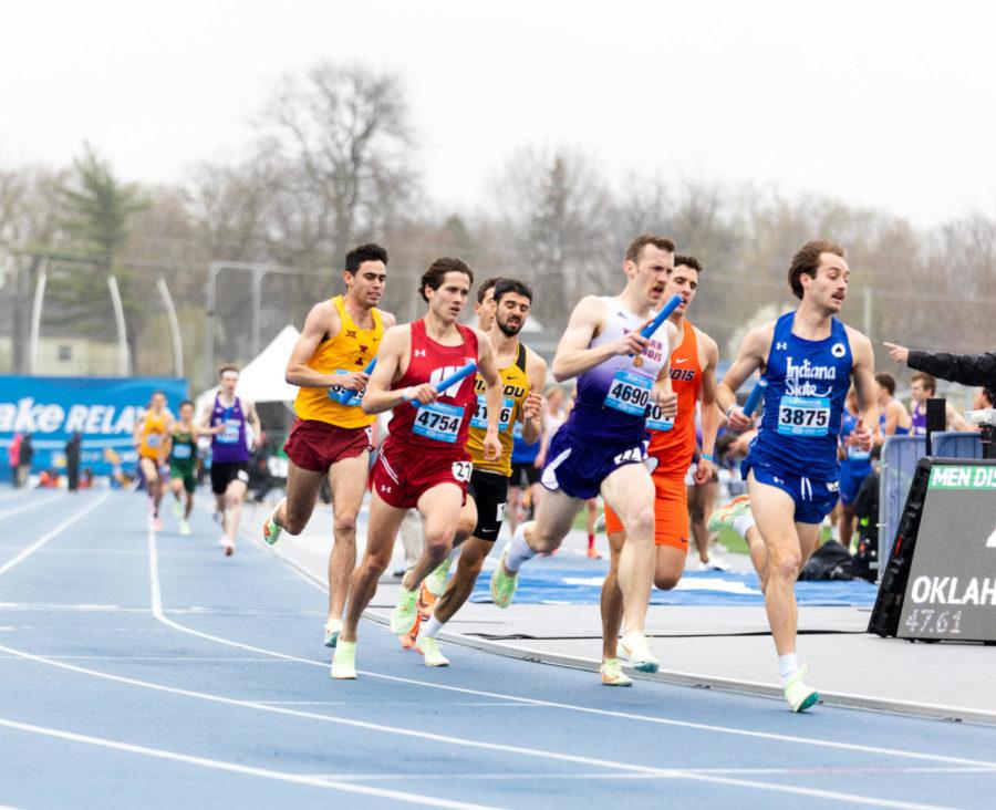 Iowa State junior Jason Gomez (far left) competes in the mens distance medley relay at the Drake Relays on April 30 in Des Moines, Iowa. Gomez, along with Nehemia Too, Charlie Johnson and Chad Johnson, placed eighth in the race with a time of 9:50.90. He was also part of the Cyclones 4x800m relay-winning team alongside Peter Smith, Cebastian Gentil and Darius Kipyego, as the quartet ran the second-fastest time in Iowa State history at 7:17.47.