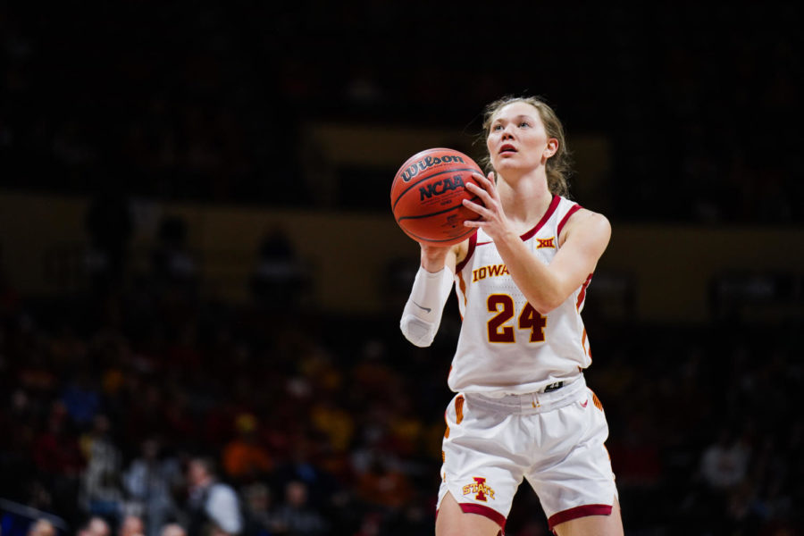 Ashley Joens shoots a free throw in Iowa States 66-60 win over West Virginia in the first round of the Big 12 Womens Basketball Championship on March 11 in Kansas City, Missouri.