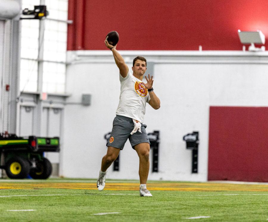 Brock Purdy throws a pass during Iowa States Pro Day on March 22 at the Bergstrom Football Complex.