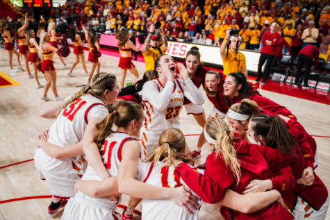 Maddie Frederick hypes up the Cyclones on Feb. 28 in Hilton Coliseum against No. 5 Baylor.