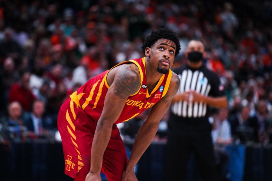 Iowa State guard Izaiah Brockington looks up at the scoreboard during Iowa States 70-56 loss to the Miami Hurricanes in the Sweet 16 on March 25 in Chicago, Illinois.