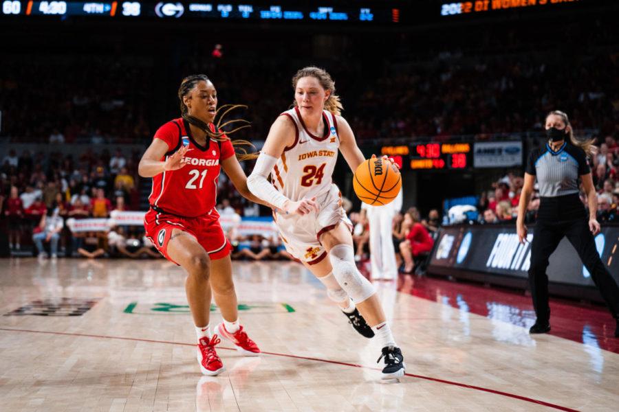 Ashley Joens drives the ball against Georgias Reigan Richardson during the Cyclones 67-44 win over Georgia on March 20. 