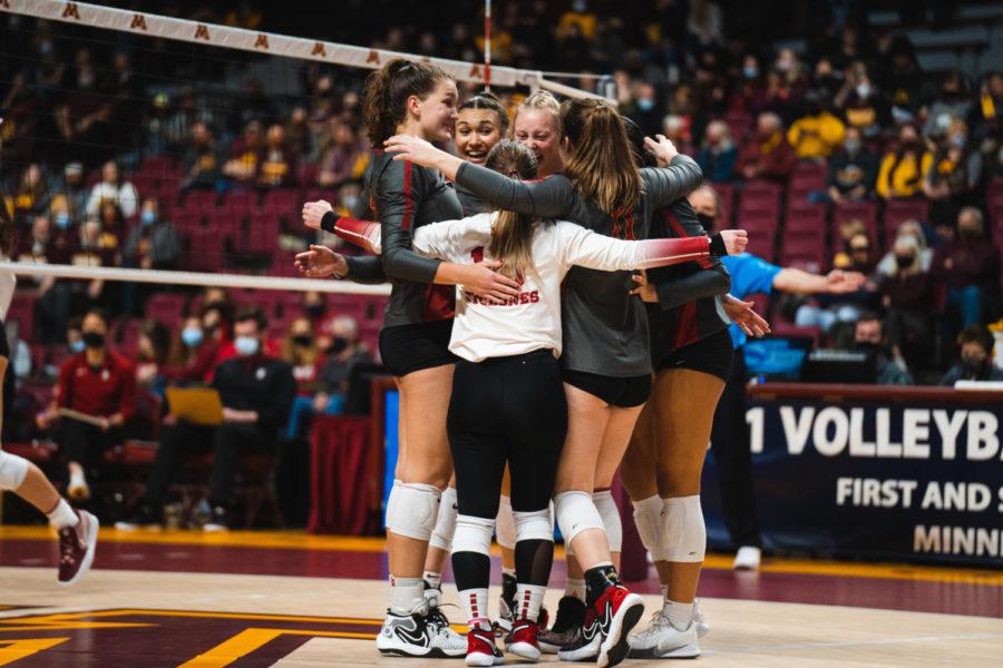 Iowa+State+volleyball+players+celebrate+after+a+kill+against+Stanford+in+the+NCAA+tournament+Dec.+3%2C+2021.