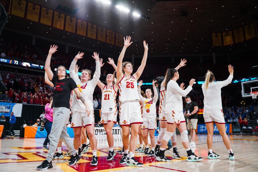 Iowa+State+womens+basketball+players+wave+to+the+crowd+at+Hilton+Coliseum+after+the+Cyclones+78-71+win+over+UT+Arlington+in+the+first+round+of+the+NCAA+Tournament+on+March+18.