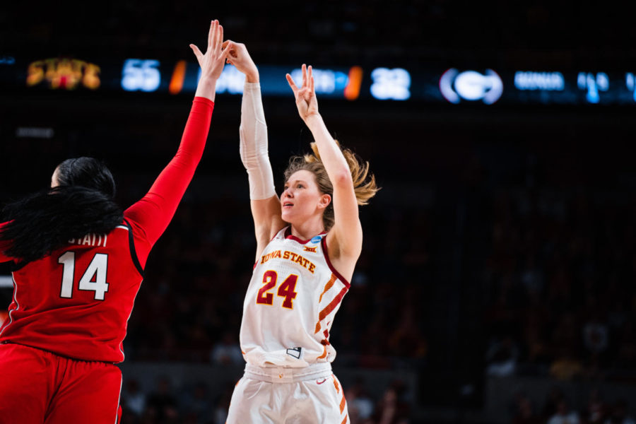Ashley Joens shoots for three during the second round of the NCAA Tournament against No.6 Georgia on March 20, 2022. 