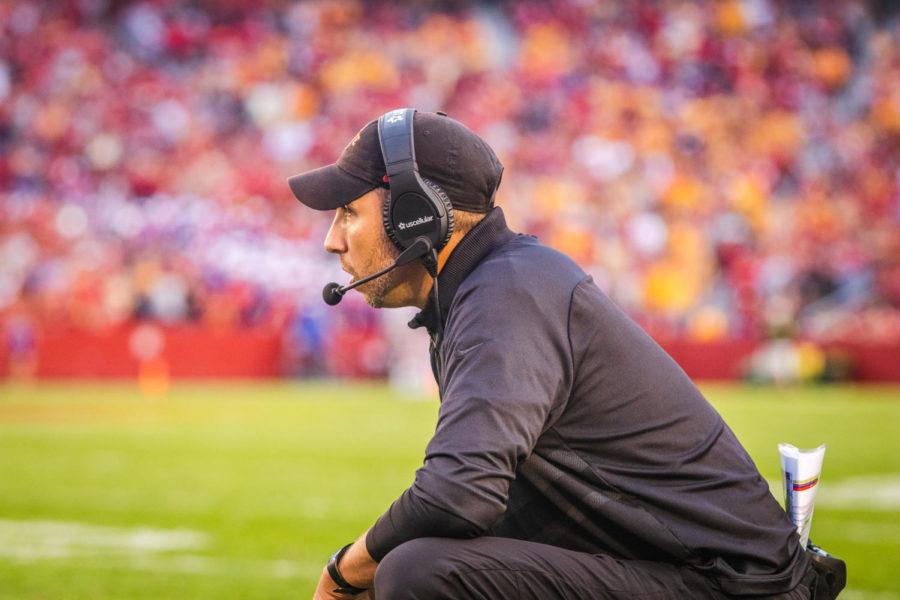 Iowa+State+head+football+coach+Matt+Campbell+watches+from+the+sideline+during+the+Cyclones+59-7+win+over+Kansas+on+Oct.+2%2C+2021.