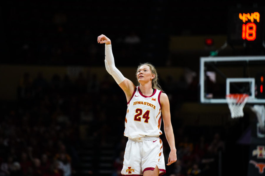 Ashey+Joens+shoots+a+three-pointer+in+the+Cyclones+82-79+loss+to+the+University+of+Texas+on+March+12+in+the+2022+Big+12+Championship+semifinals%C2%A0in+Kansas+City%2C+Missouri.
