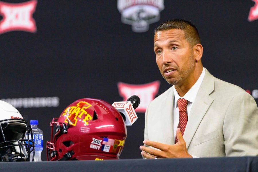 Matt Campbell talking to the press during the Big 12 Media Days.